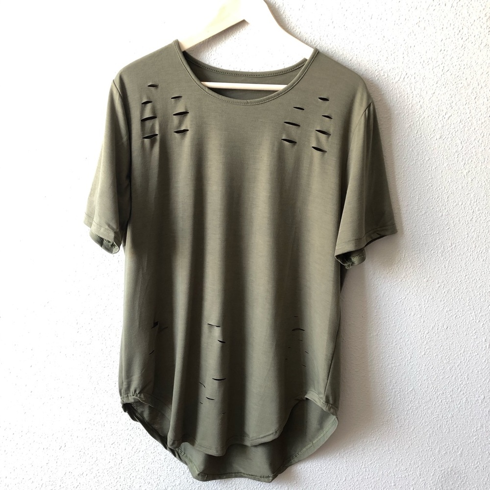 NEW Olive Distressed Super Soft Tee W/ Holes Grunge Utility Cozy 90’s